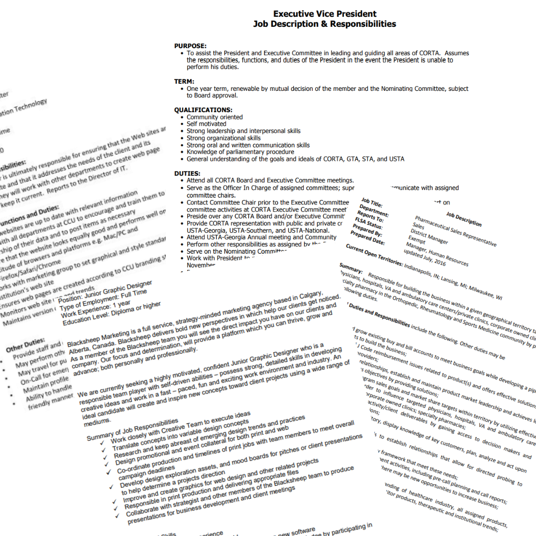 Black and white image of 4 typed job descriptions overlapping one another at skewed angles